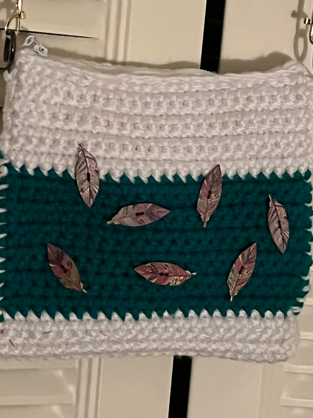 Teal/White Feather Crocheted Purse