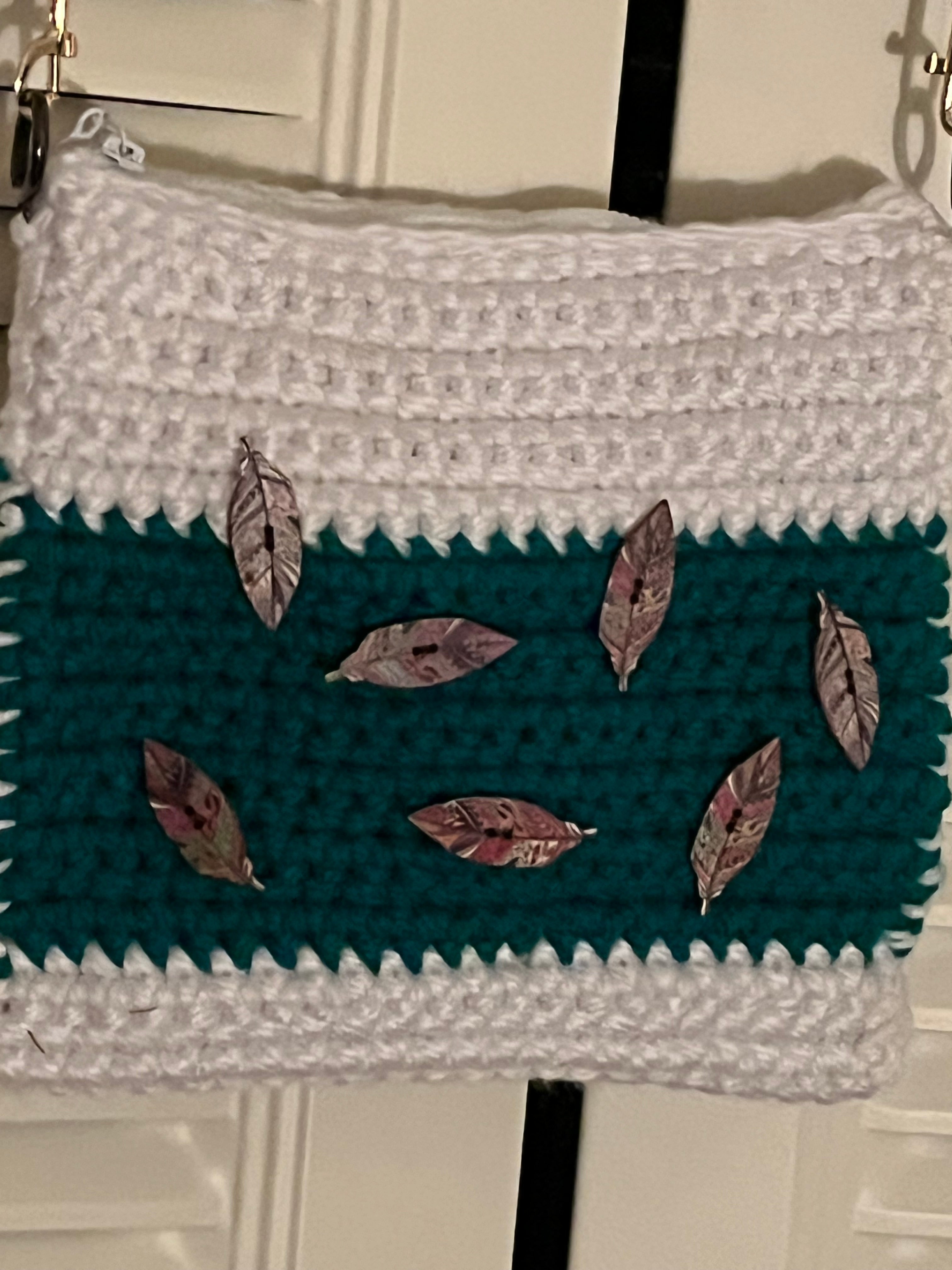 Teal/White Feather Crocheted Purse