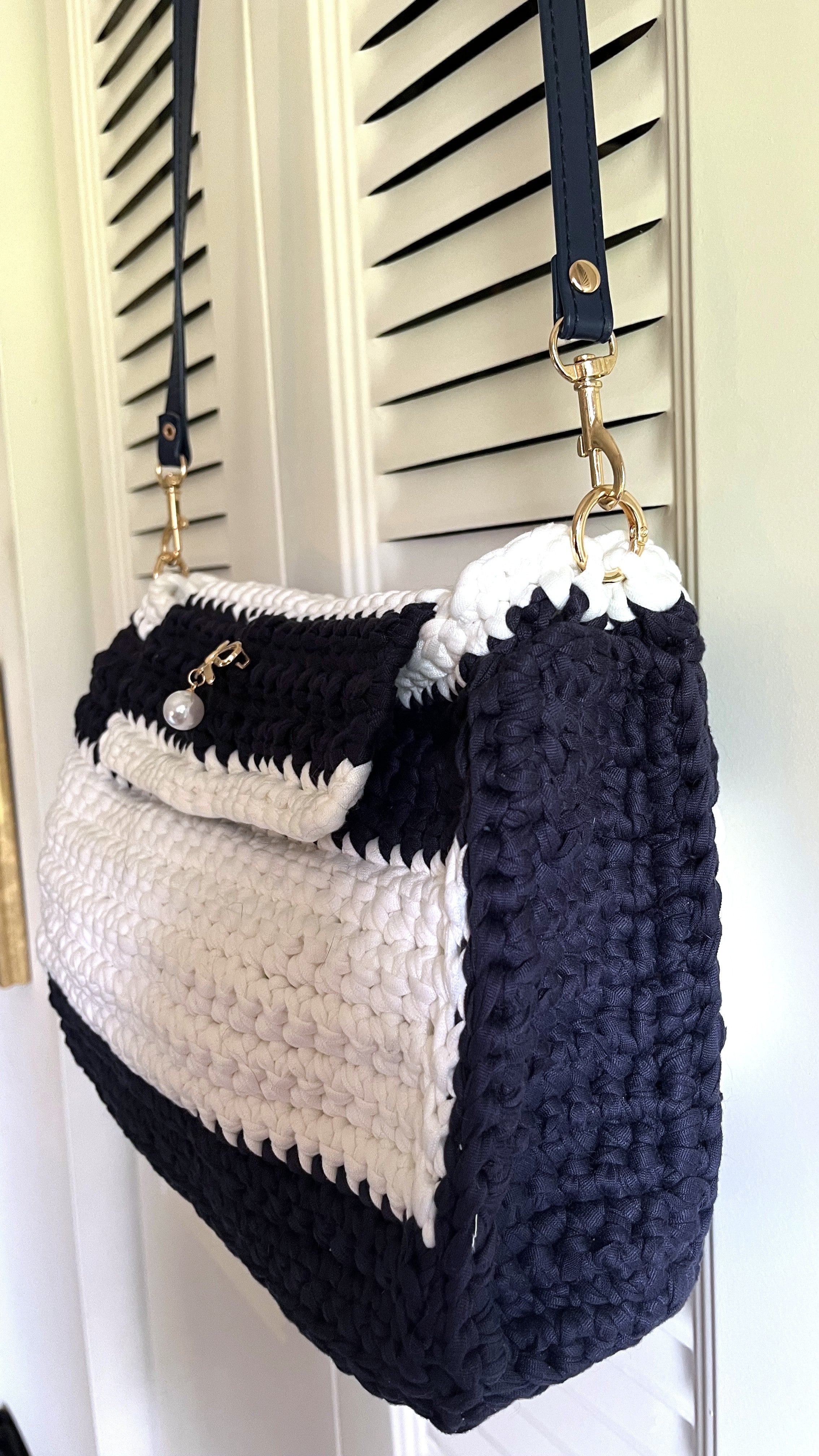 Navy and White Crocheted Purse
