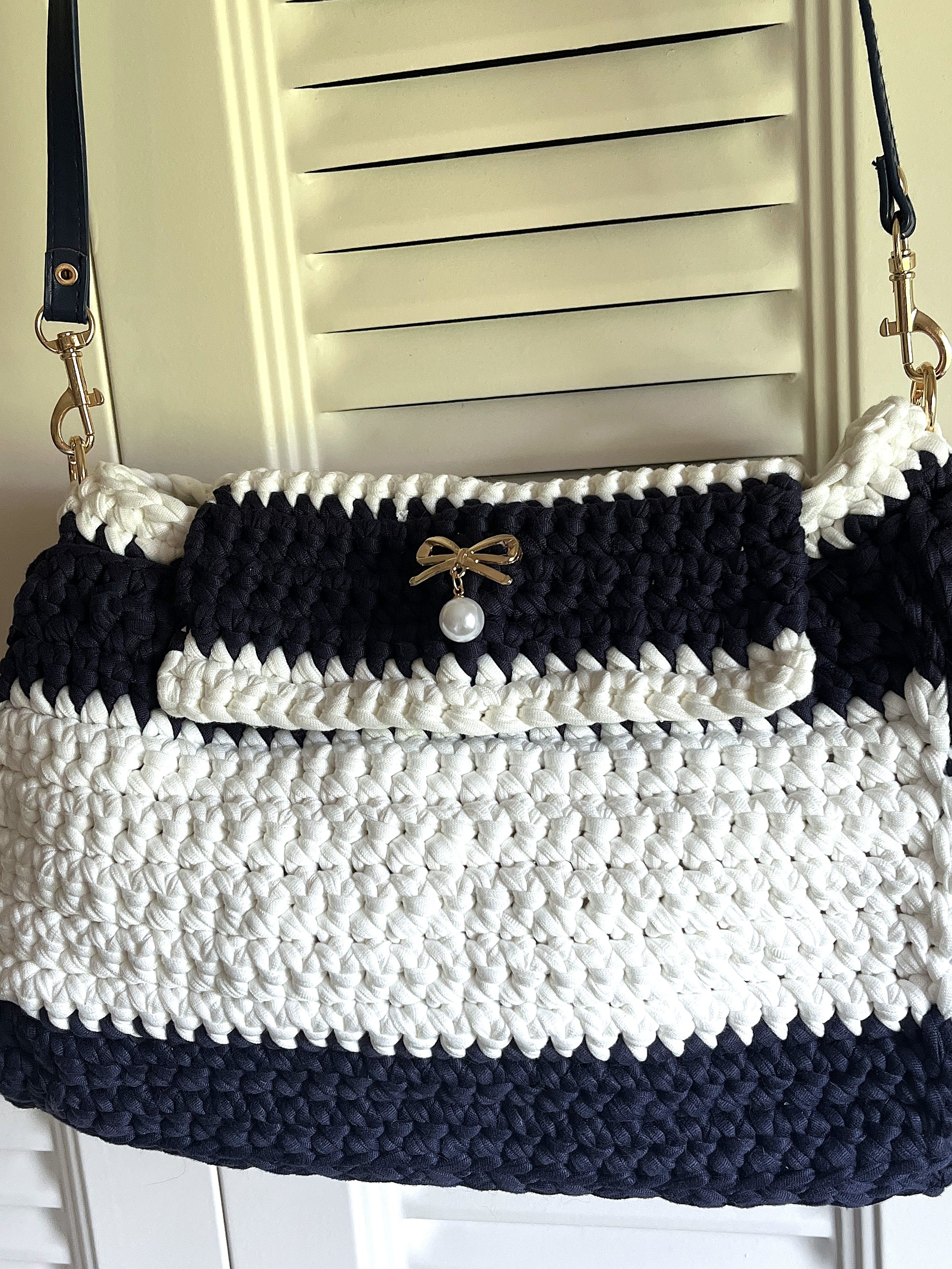 Navy and White Crocheted Purse