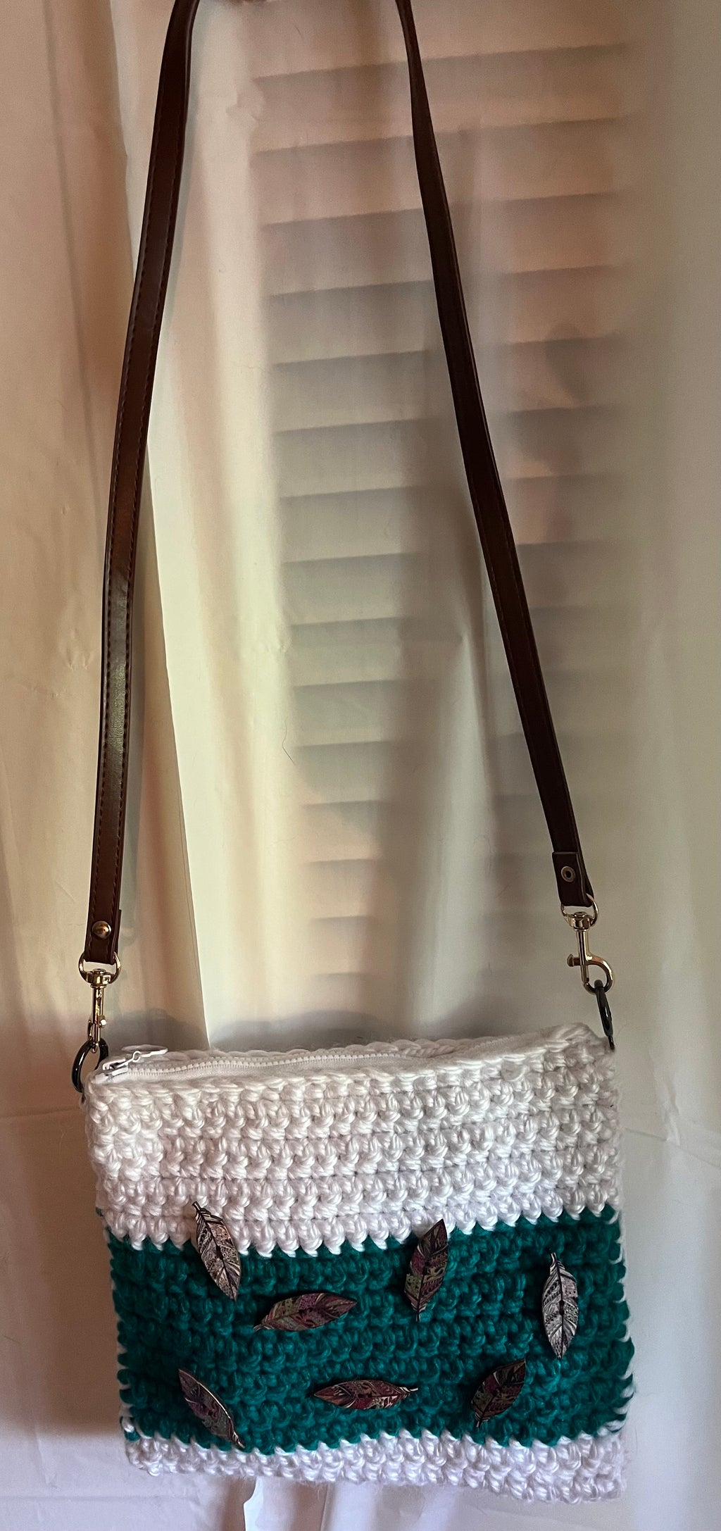 Teal/White Feather Crocheted Purse