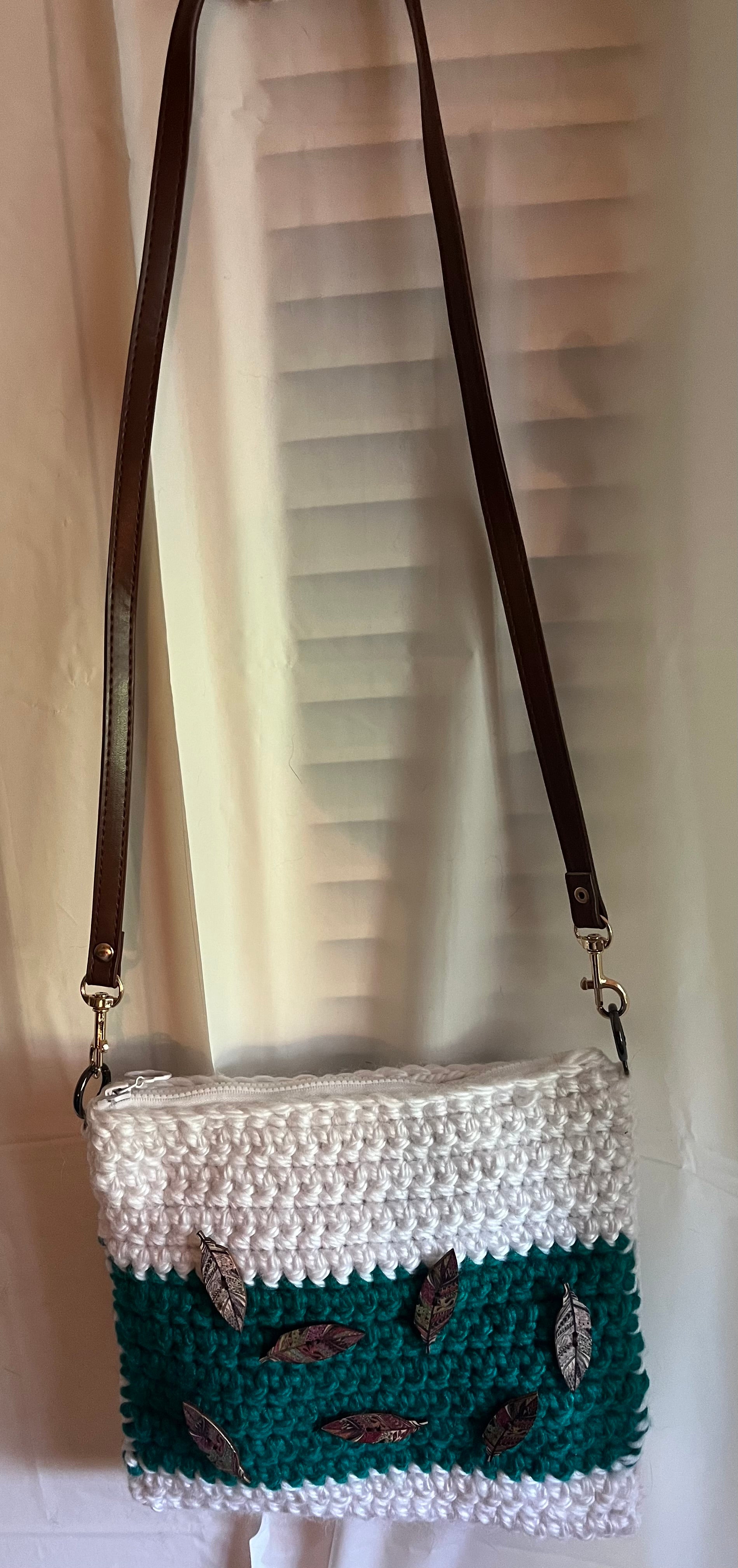 Teal/White Feather Crocheted Purse