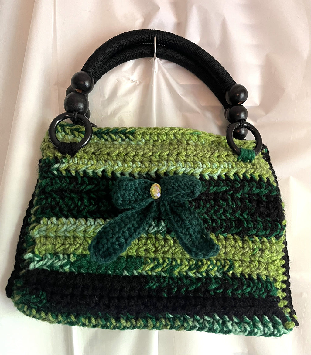 Variegated Green Bow Crocheted Handbag